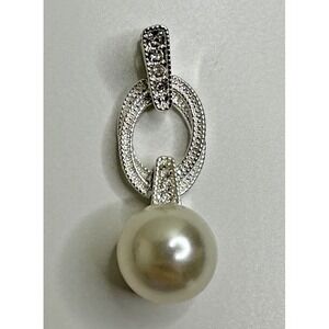 NVC Sterling Pendant Pearl Dangle Textured Oval Rings Charm Signed